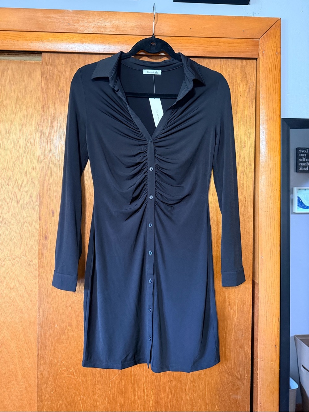 Timing Black Ruched Front Long Sleeve Shirt Dress